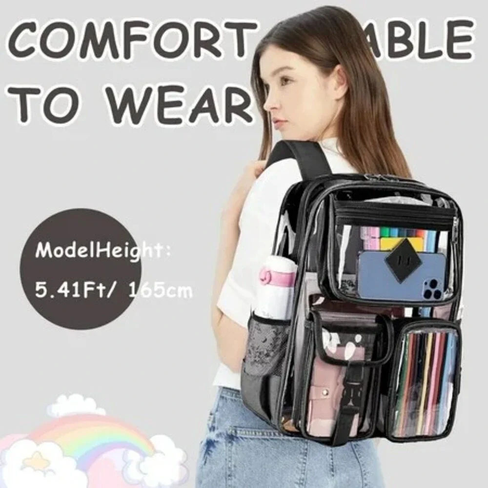 Clear Backpack Black Trim 16 Inch Anti-Theft Buckle Zipper Bag
